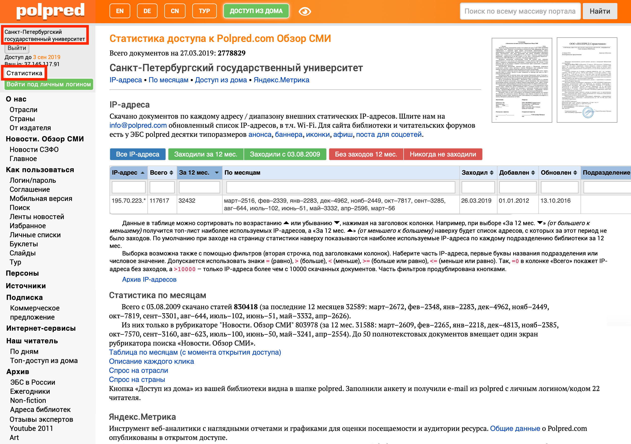 Раздел «Статистика»